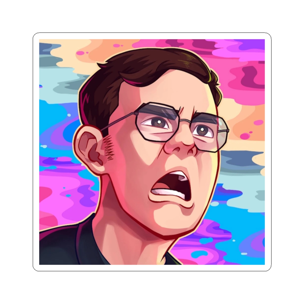 Angry Cartoon Face Sticker | Kiss-Cut Sticker, Colorful Vaporwave Background | Juan Guarnizo - alternate angle 1, merchandise