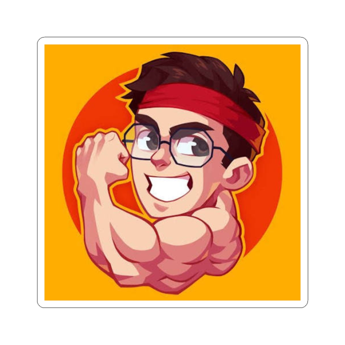 Cartoon Muscular Gamer Sticker | Kiss-Cut Vinyl Sticker, Orange Retro Badge | Juan Guarnizo