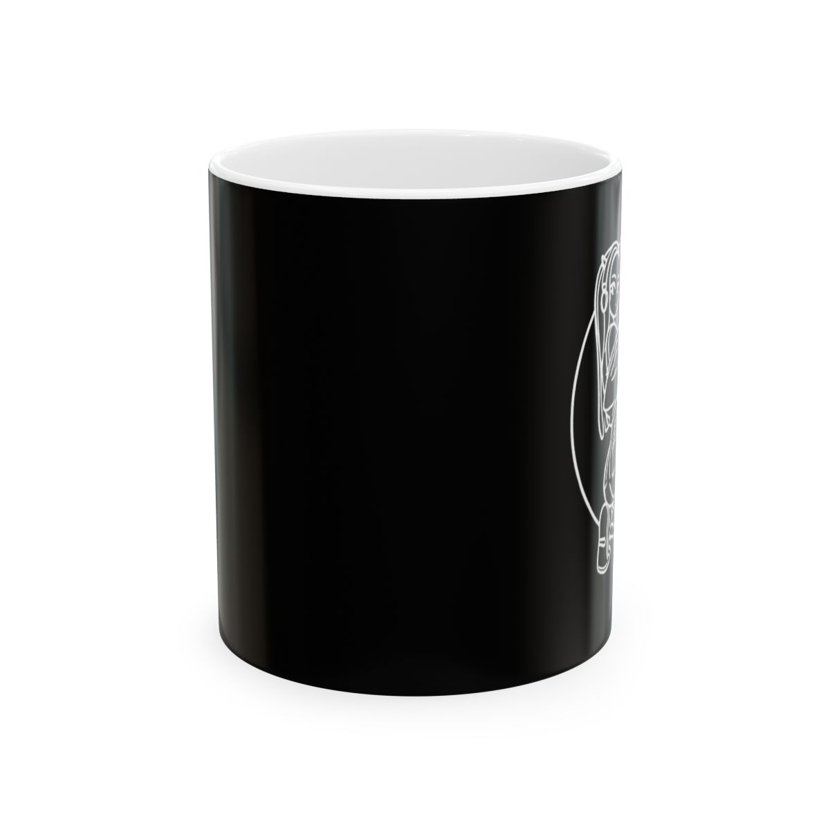 Skeleton Astronaut Mug | Black Ceramic Coffee Cup | Juan Guarnizo - alternate angle 1, merchandise